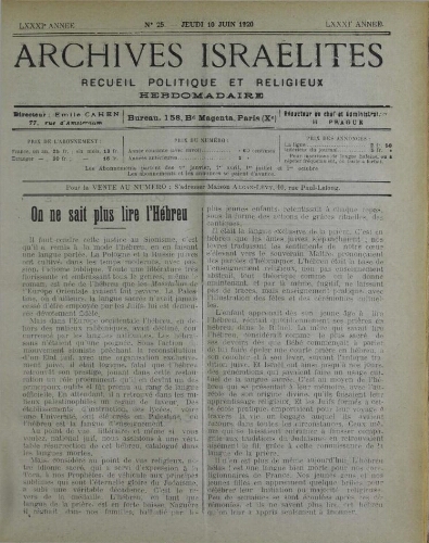 Archives israélites de France. Vol.81 N°25 (10 juin 1920)